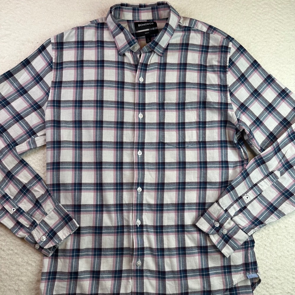 Bonobos Slim Fit Plaid Flannel Button Down Shirt Mens Large Navy Pink White